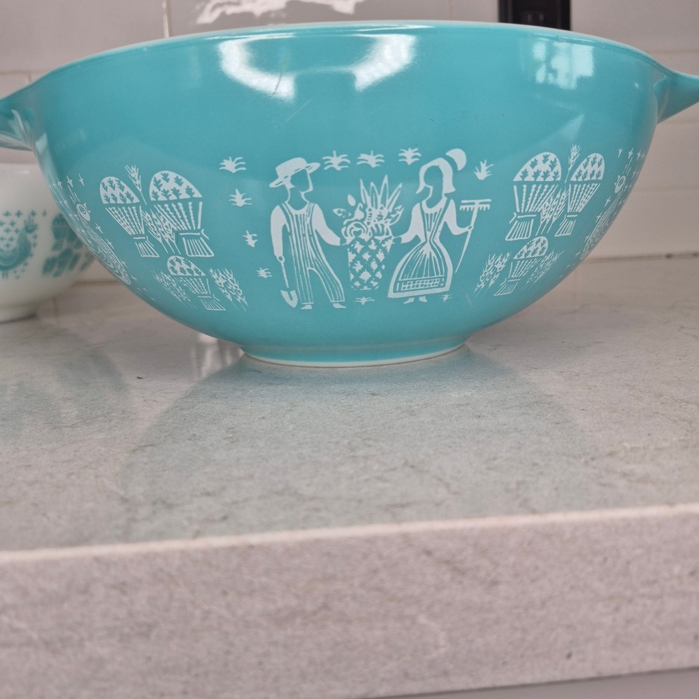 Pyrex Mixing Bowls Butterprint Amish 3 Piece Set Turquoise White - Picture 4 of 16